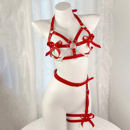Seductive Wine Red Vegan Leather Body Harness with Pearl Chain