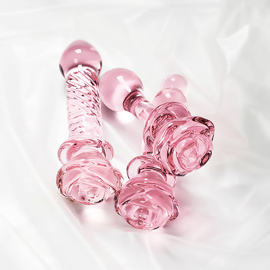 Cute Pink Rose Flower Glass Dildo Butt Plug 3-Type