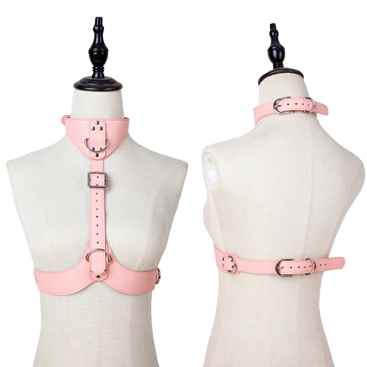 BDSM Open-Bust Pink Bondage Harness with Handcuffs & Leash