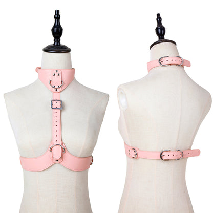 BDSM Open-Bust Pink Bondage Harness with Handcuffs & Leash