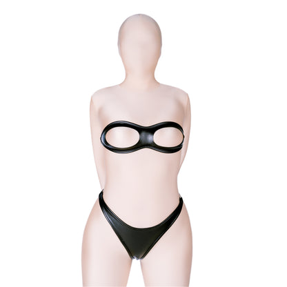 Open Bust PU Leather Bra & Sexy Thong 2 Piece Set Fetish Lingerie