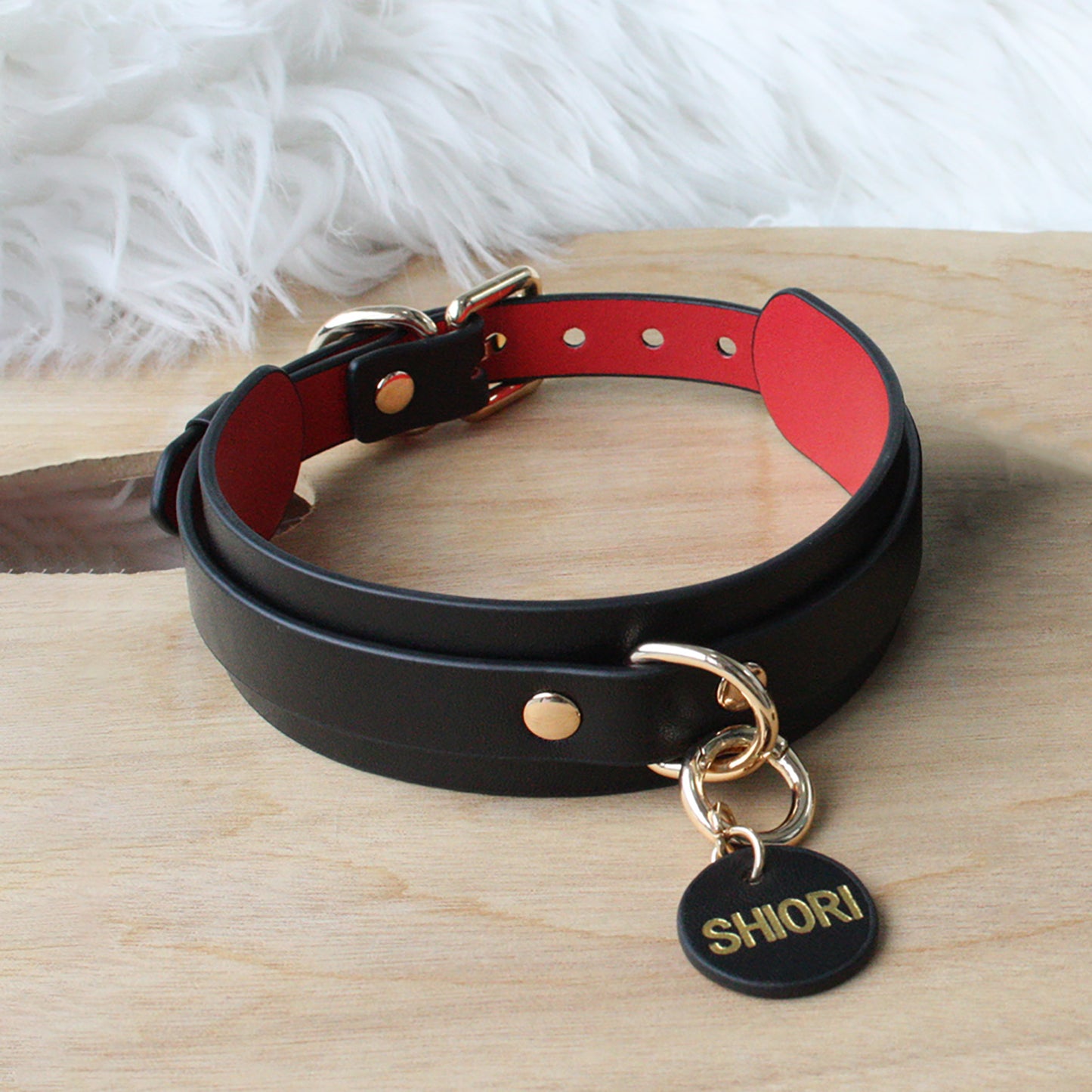 Genuine Leather Collar with Customizable Nameplate Black&Red