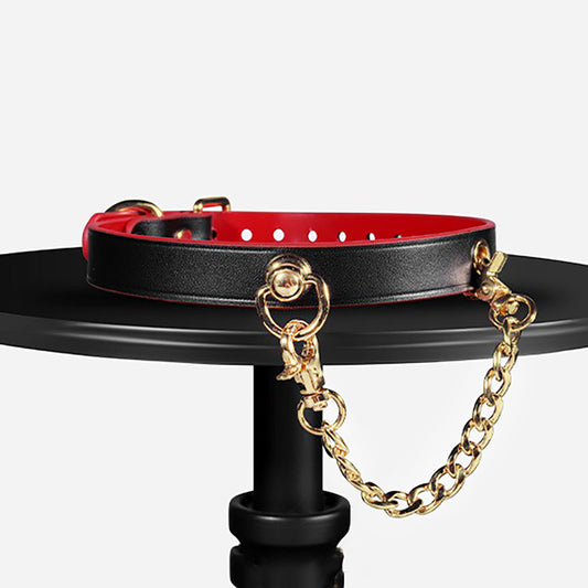 Heavy-Duty Real Leather Bondage Collar with Metal Chain Leash Black×Red