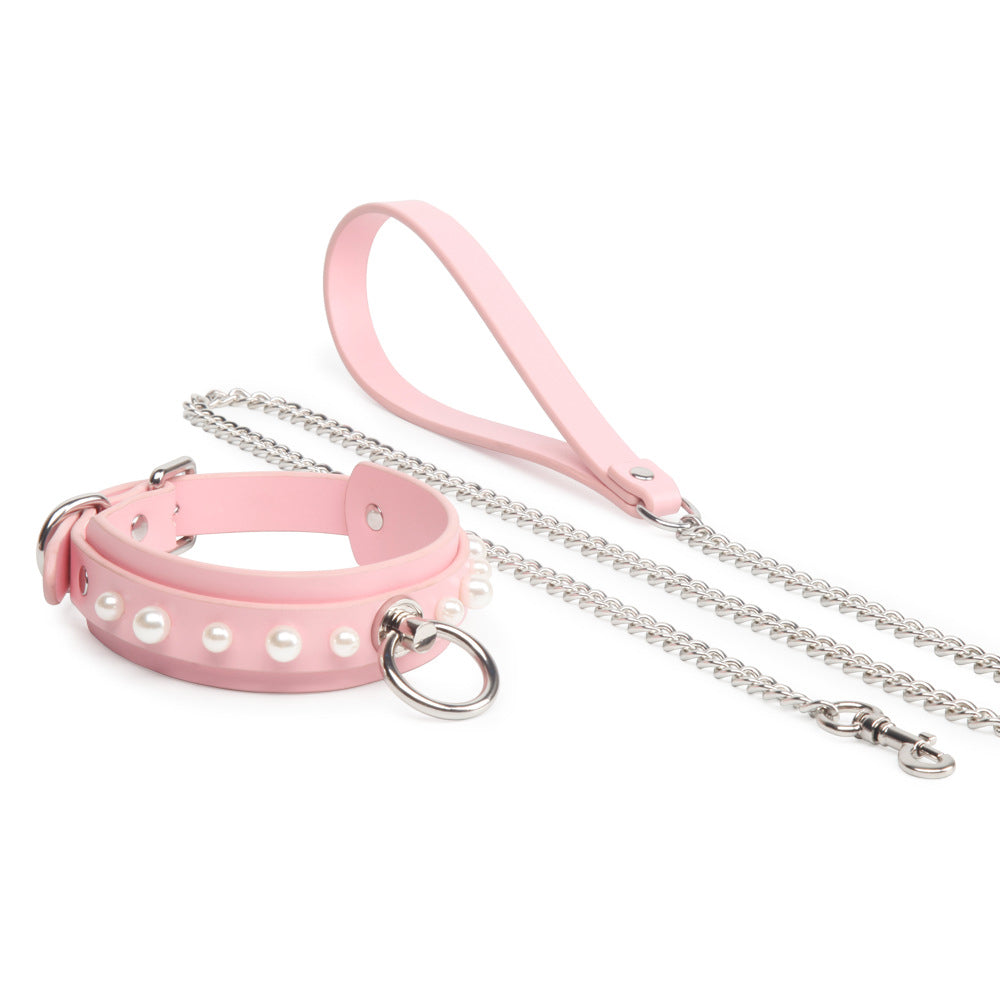 Elegant White Pearl Leather Bondage Collar with Leash Pink/Black