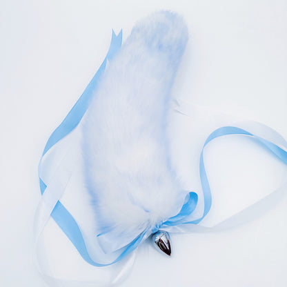 Fluffy Ice Blue and white Tail Anal Butt Plug - Customizable Tail Length & Plug Size