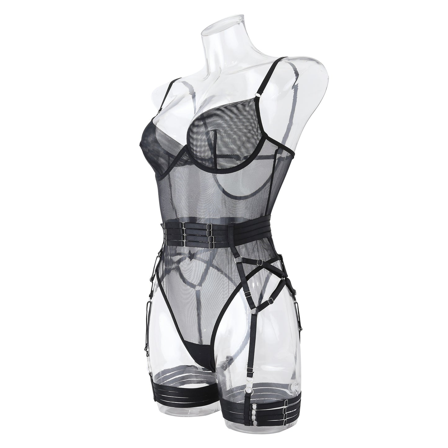 Classic Black Mesh Bodysuit with Garter Belt and Gloves