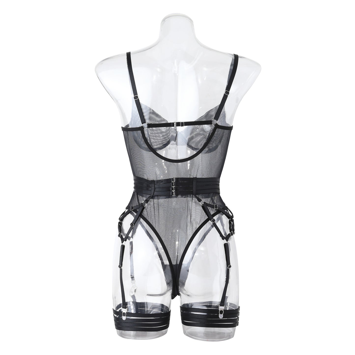 Classic Black Mesh Bodysuit with Garter Belt and Gloves