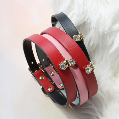 Handmade Shining Stone BDSM Leather Bondage Choker with Leash 4-colors