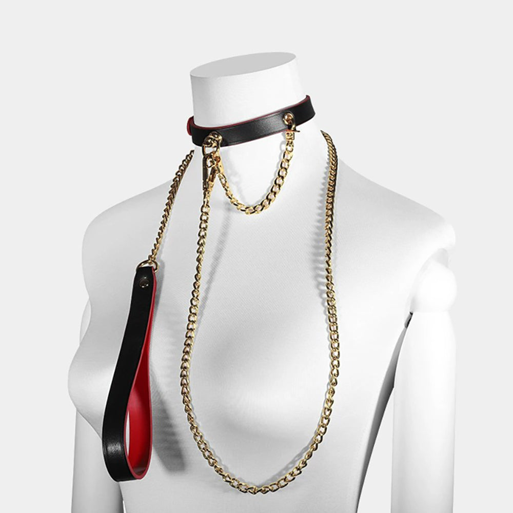 Heavy-Duty Real Leather Bondage Collar with Metal Chain Leash Black×Red