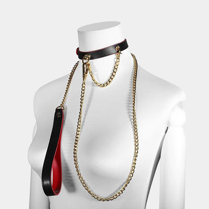 Heavy-Duty Real Leather Bondage Collar with Metal Chain Leash Black×Red
