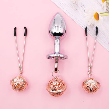 Super Cute Bell Nipple Clamps & Anal Plug 2-Piece Set Gold/Silver