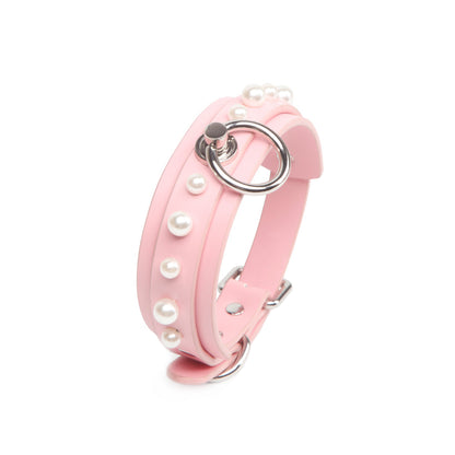 Elegant White Pearl Leather Bondage Collar with Leash Pink/Black