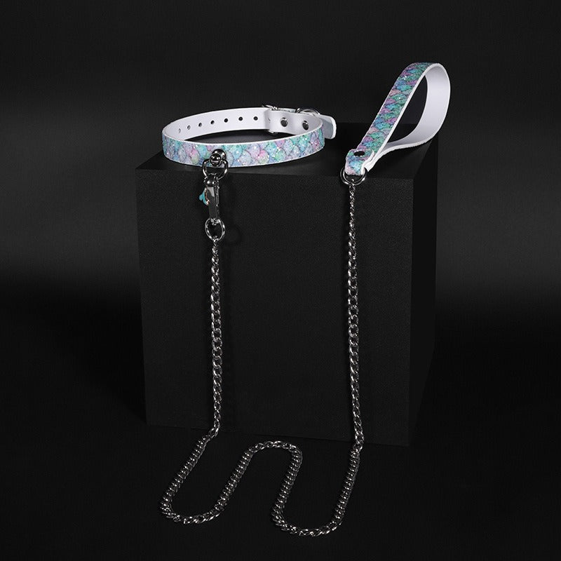 Luxury Mermaid Glow Genuine Leather BDSM Collar with Leash Blue