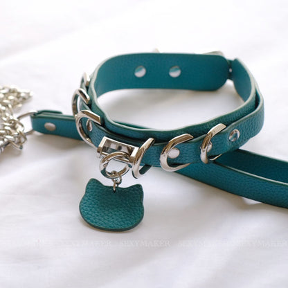 Peacock Blue Kitten Day Collar & Leash Set with Silver Cat Charm