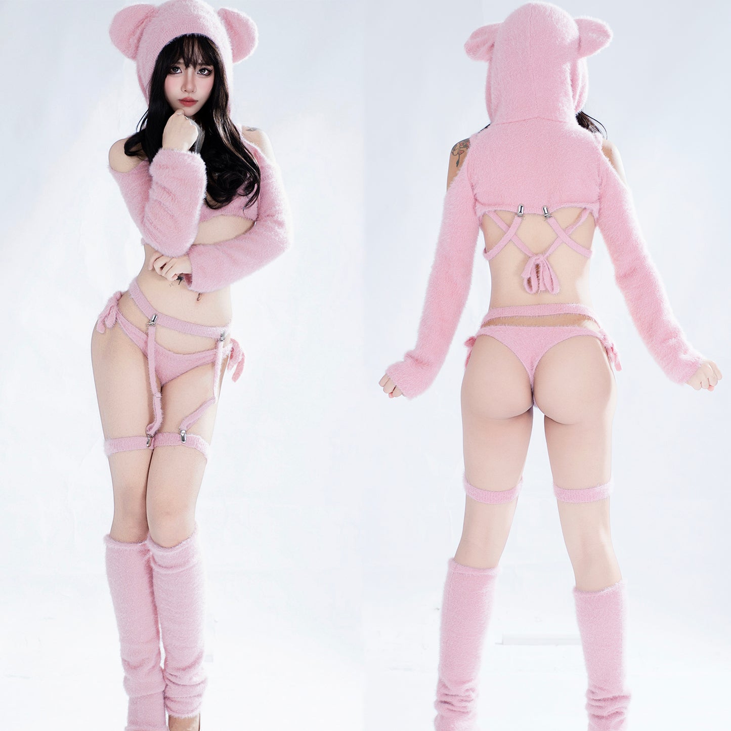 Cute Pink Soft Fluffy Fur Bikini Bear Cosplay Set