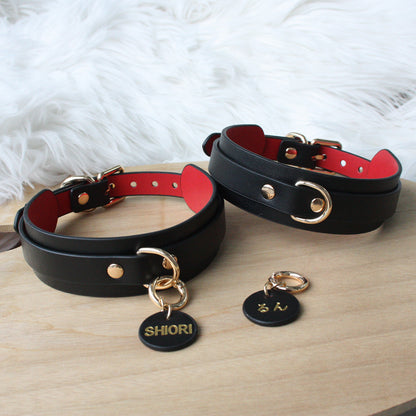 Genuine Leather Collar with Customizable Nameplate Black&Red