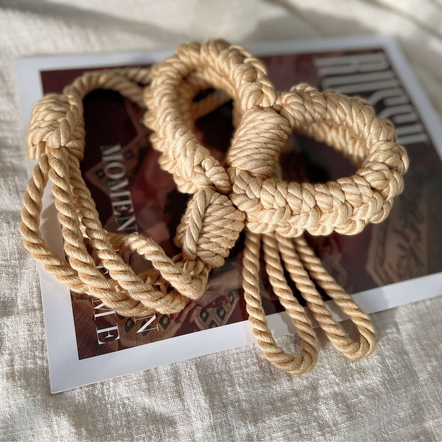 Gentle Yet Secure: Soft Cotton Rope Handcuffs with Leash in Beige