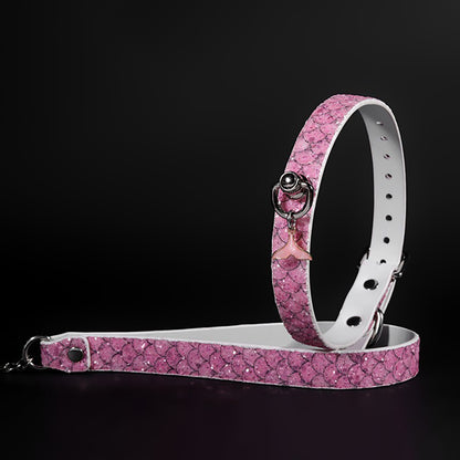 Luxury Mermaid Glow Genuine Leather BDSM Collar with Leash Pink