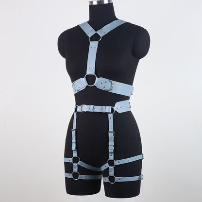 Blue Bondage Body Harness Set & Detachable Cuffs