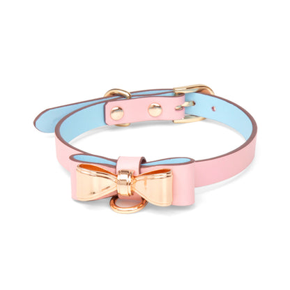 Cute Metal Bow Leather Bondage Collar with lead Pink/Black