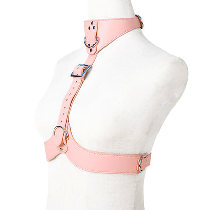 BDSM Open-Bust Pink Bondage Harness with Handcuffs & Leash