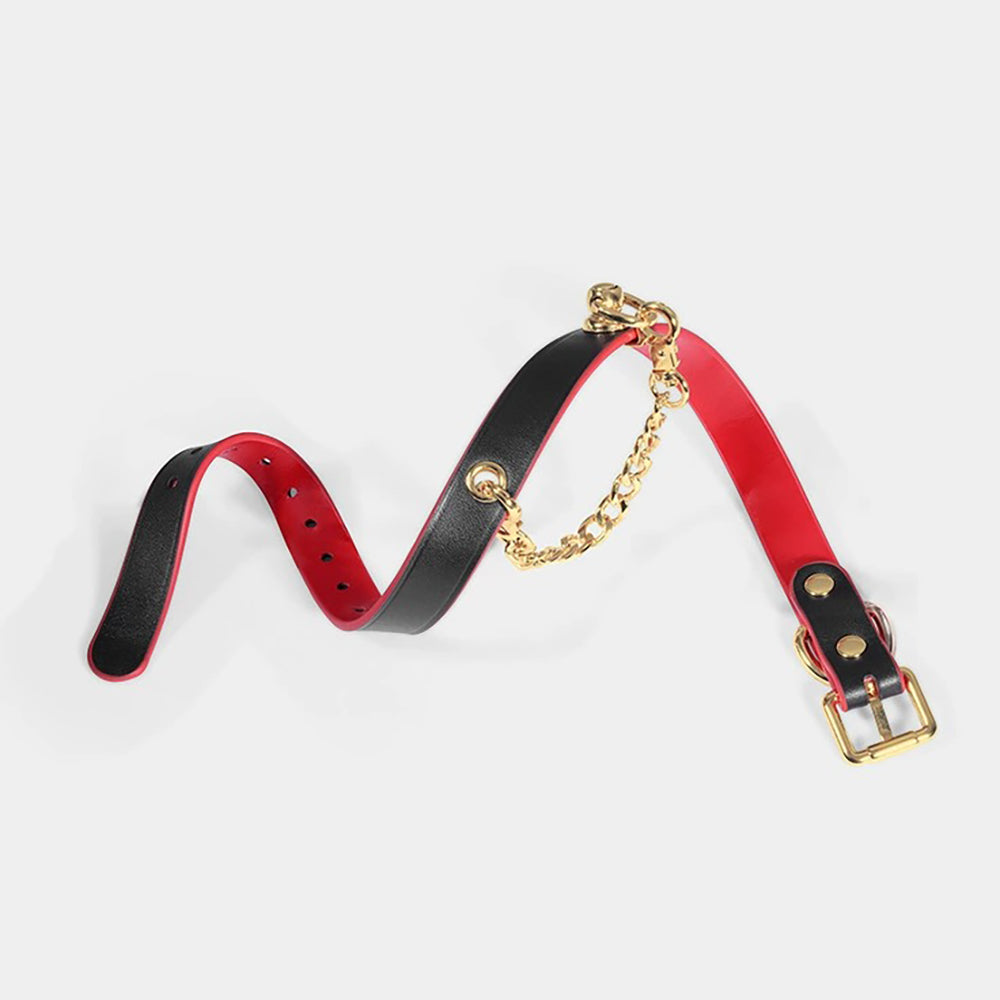 Heavy-Duty Real Leather Bondage Collar with Metal Chain Leash Black×Red