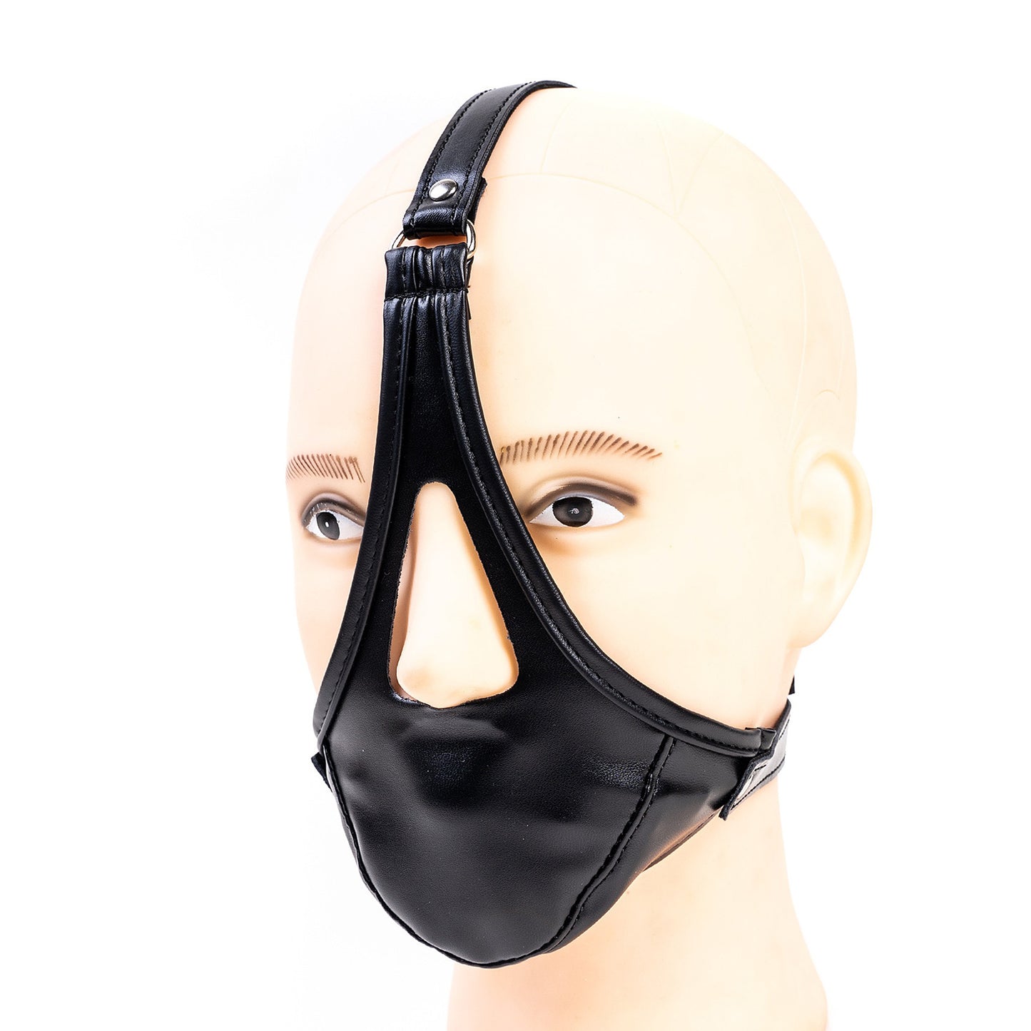 Profile view of glossy vegan leather head harness ball gag mask for forced open mouth BDSM restraint, available in multiple colors by Sexy Maker.