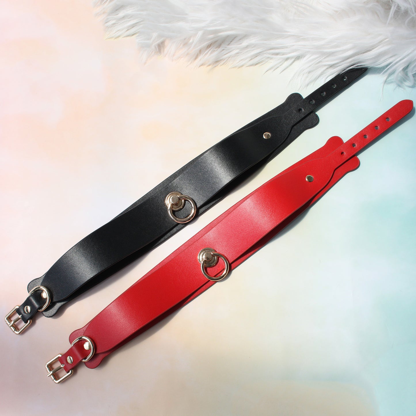 Crazy Wild Thick Cowhide Leather Bondage Collar with Leash Red/Black