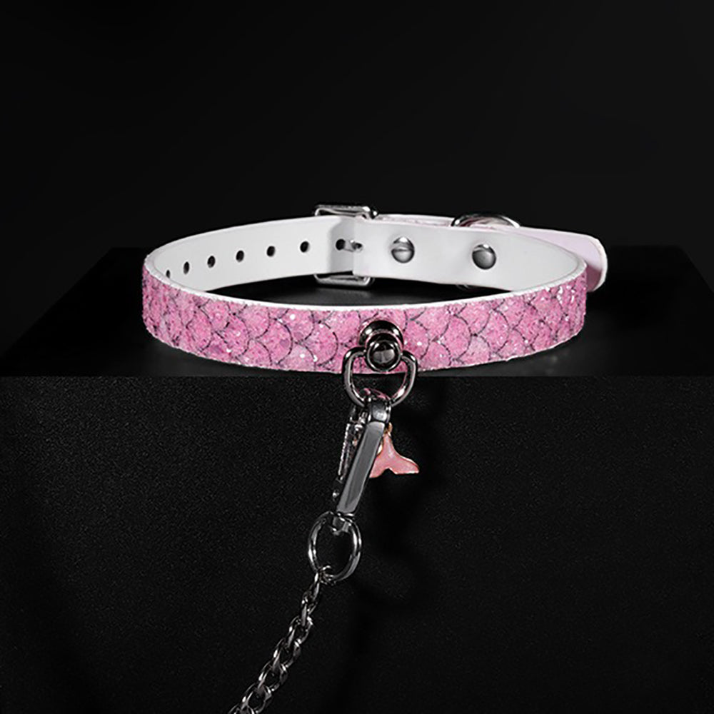 Luxury Mermaid Glow Genuine Leather BDSM Collar with Leash Pink