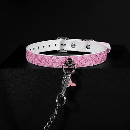 Luxury Mermaid Glow Genuine Leather BDSM Collar with Leash Pink