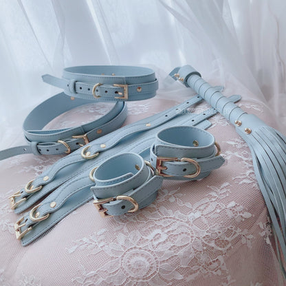 Elegant Pastel Blue Vegan Leather Bondage Set - 8 Piece Beginner's BDSM Kit