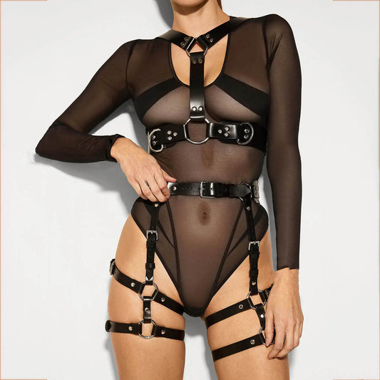 Black Bondage Body Harness Set & Detachable Cuffs Restraint