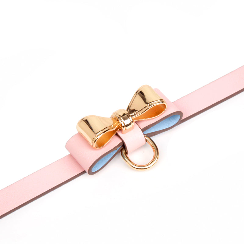 Cute Metal Bow Leather Bondage Collar with lead Pink/Black