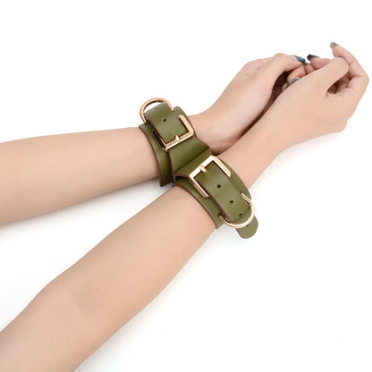 Vegan Leather Linked Bondage Wrist Cuffs Black/Olive Green