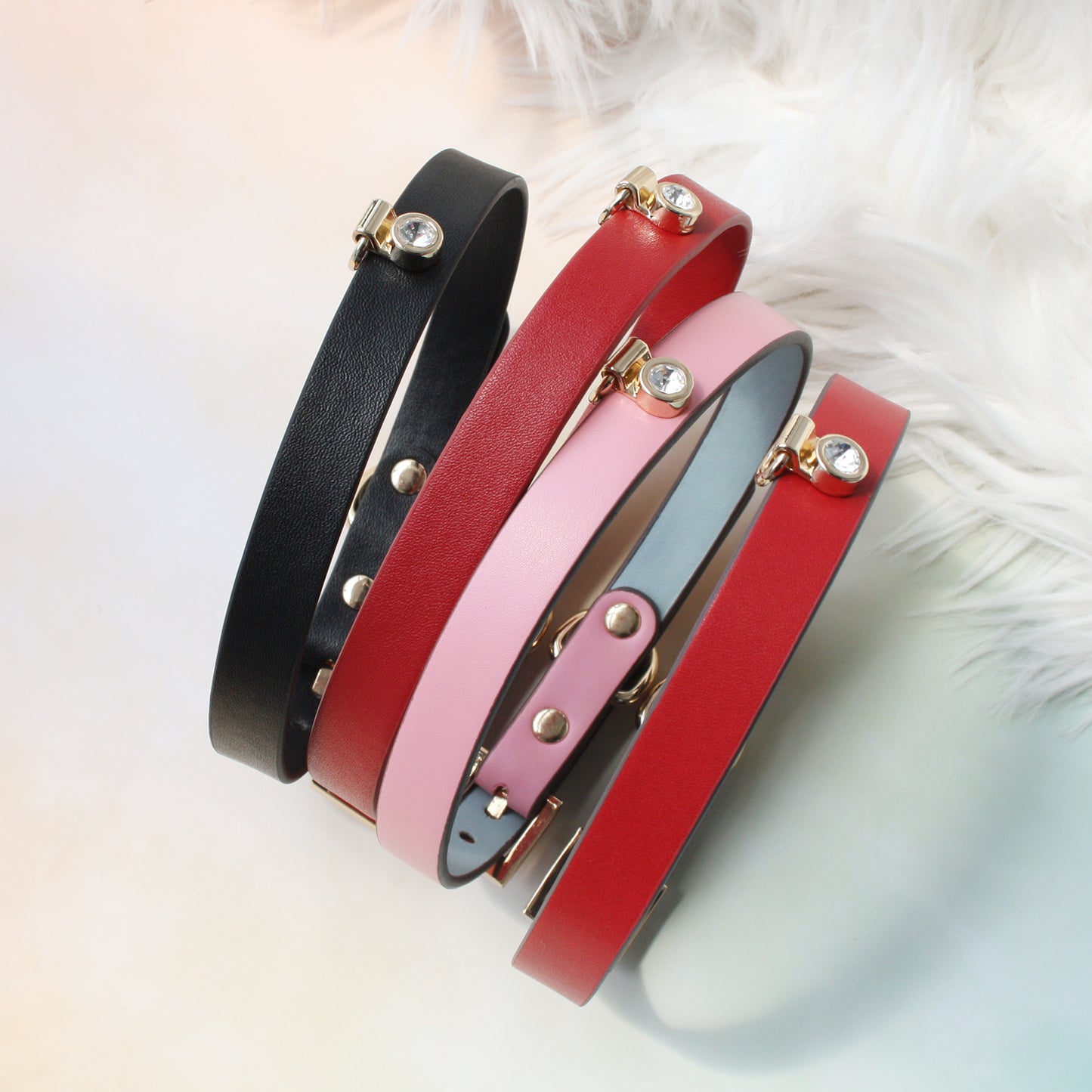 Handmade Shining Stone BDSM Leather Bondage Choker with Leash 4-colors