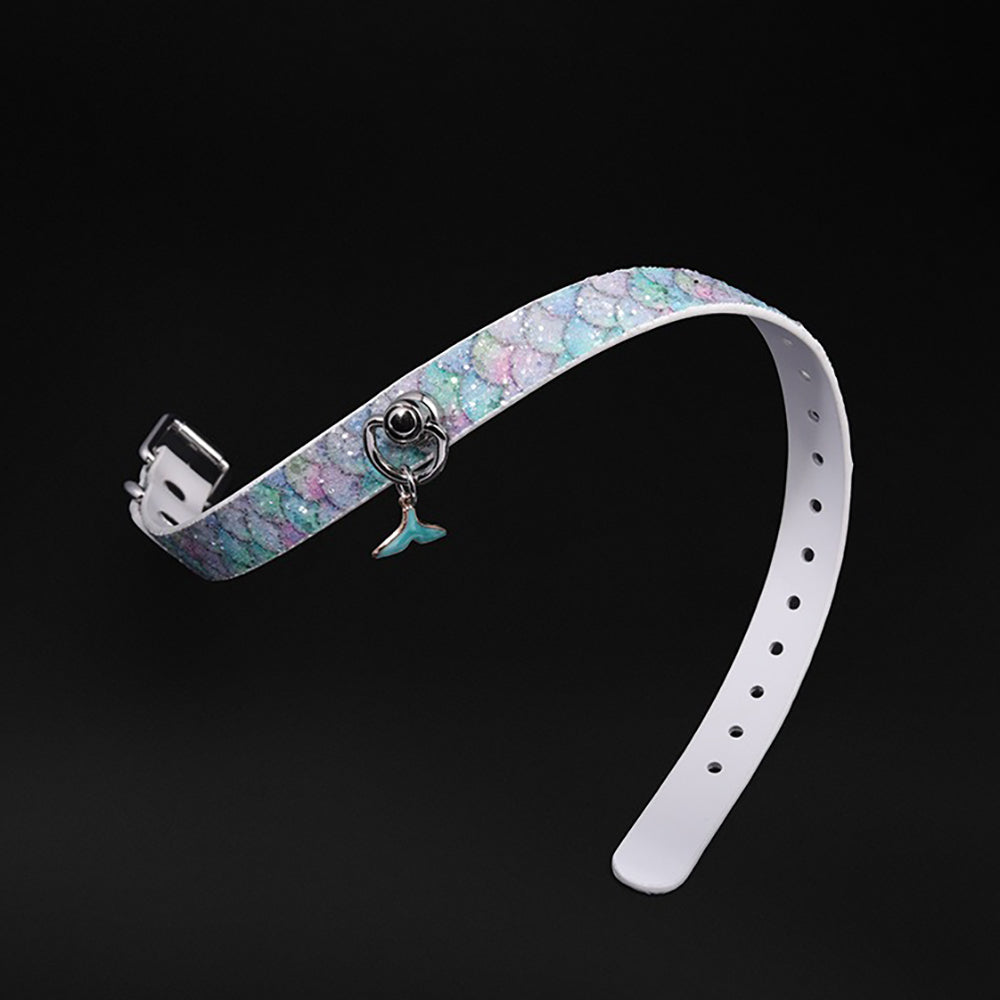 Luxury Mermaid Glow Genuine Leather BDSM Collar with Leash Blue
