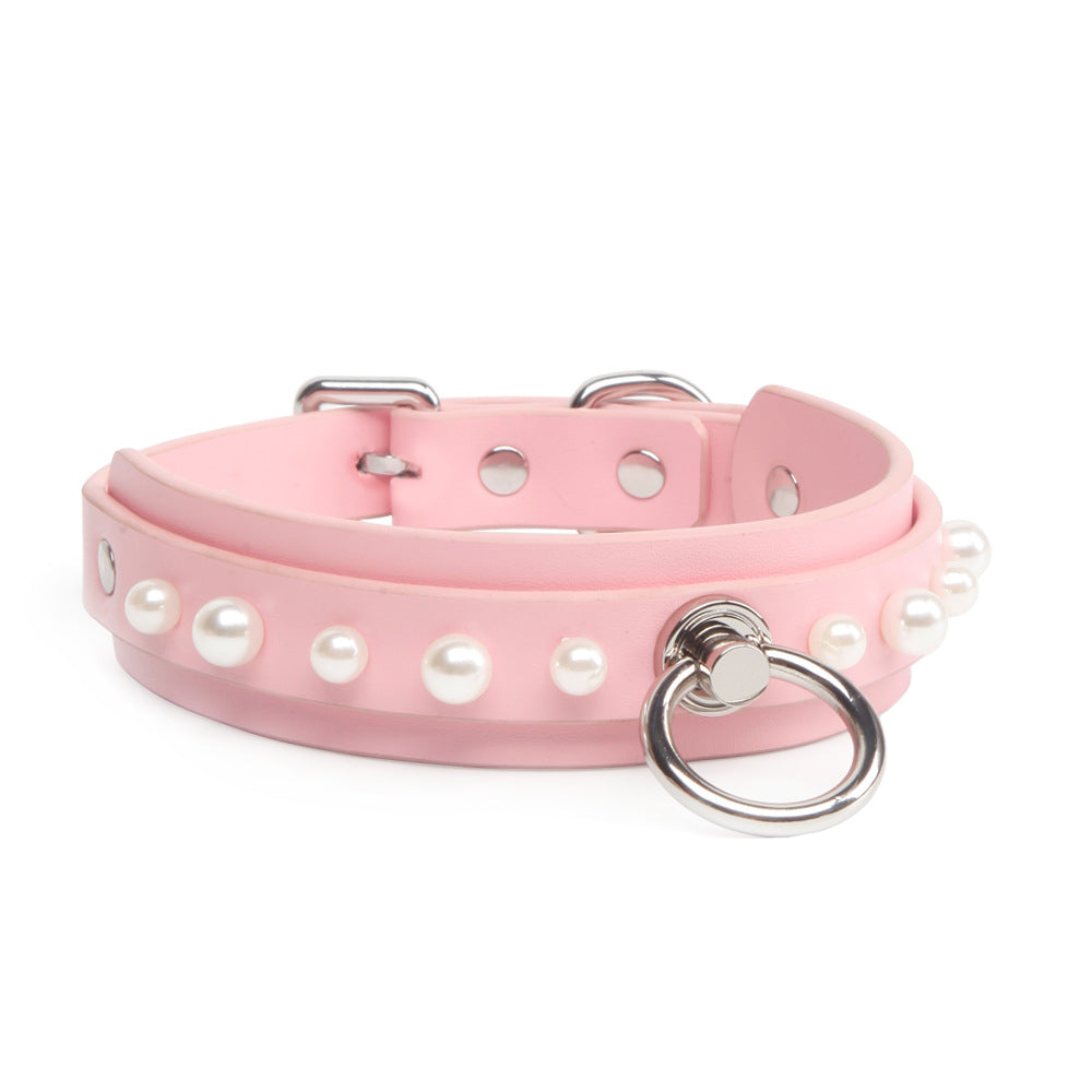 Elegant White Pearl Leather Bondage Collar with Leash Pink/Black