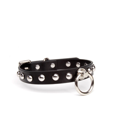 Big O-Ring Dome Studded Spiked Leather Bondage Collar with Leash