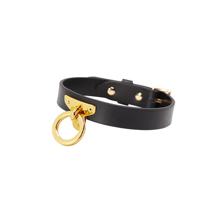 Gold O-Ring Premium Leather Bondage Collar with Leash