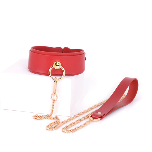 Crazy Wild Thick Cowhide Leather Bondage Collar with Leash Red/Black