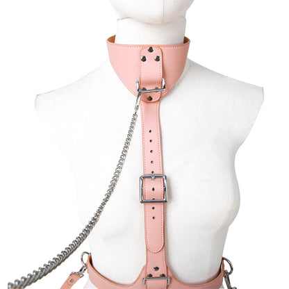 BDSM Open-Bust Pink Bondage Harness with Handcuffs & Leash
