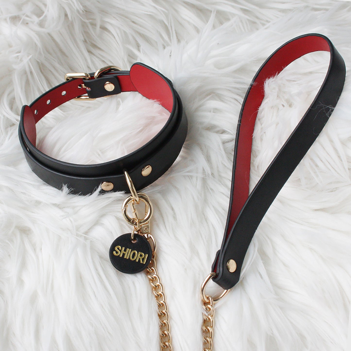 Genuine Leather Collar with Customizable Nameplate Black&Red