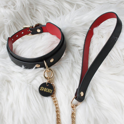 Genuine Leather Collar with Customizable Nameplate Black&Red