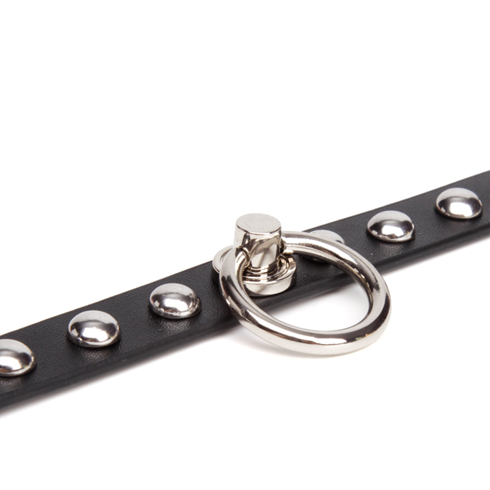 Big O-Ring Dome Studded Spiked Leather Bondage Collar with Leash