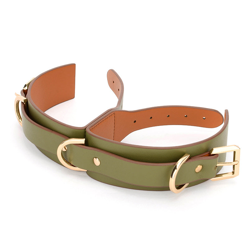 Vegan Leather Linked Bondage Wrist Cuffs Black/Olive Green