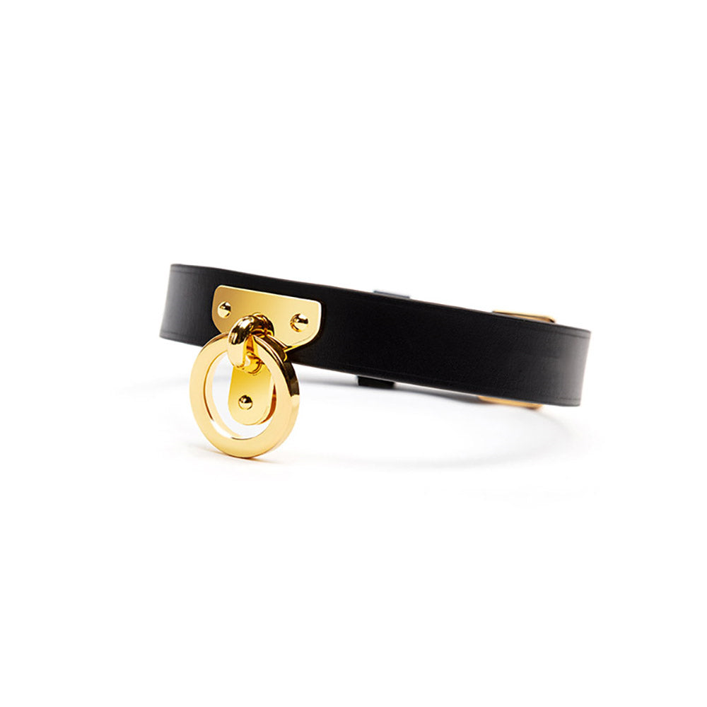 Gold O-Ring Premium Leather Bondage Collar with Leash