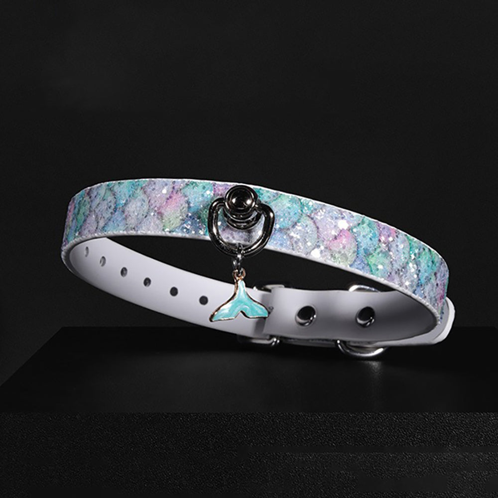 Luxury Mermaid Glow Genuine Leather BDSM Collar with Leash Blue