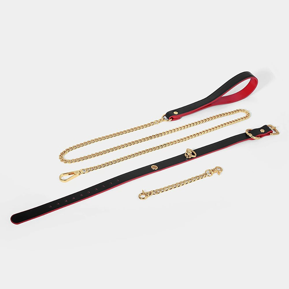 Heavy-Duty Real Leather Bondage Collar with Metal Chain Leash Black×Red
