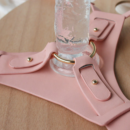 Vegan Pink Soft PU Leather Strap on Harness with Silicone Dildo