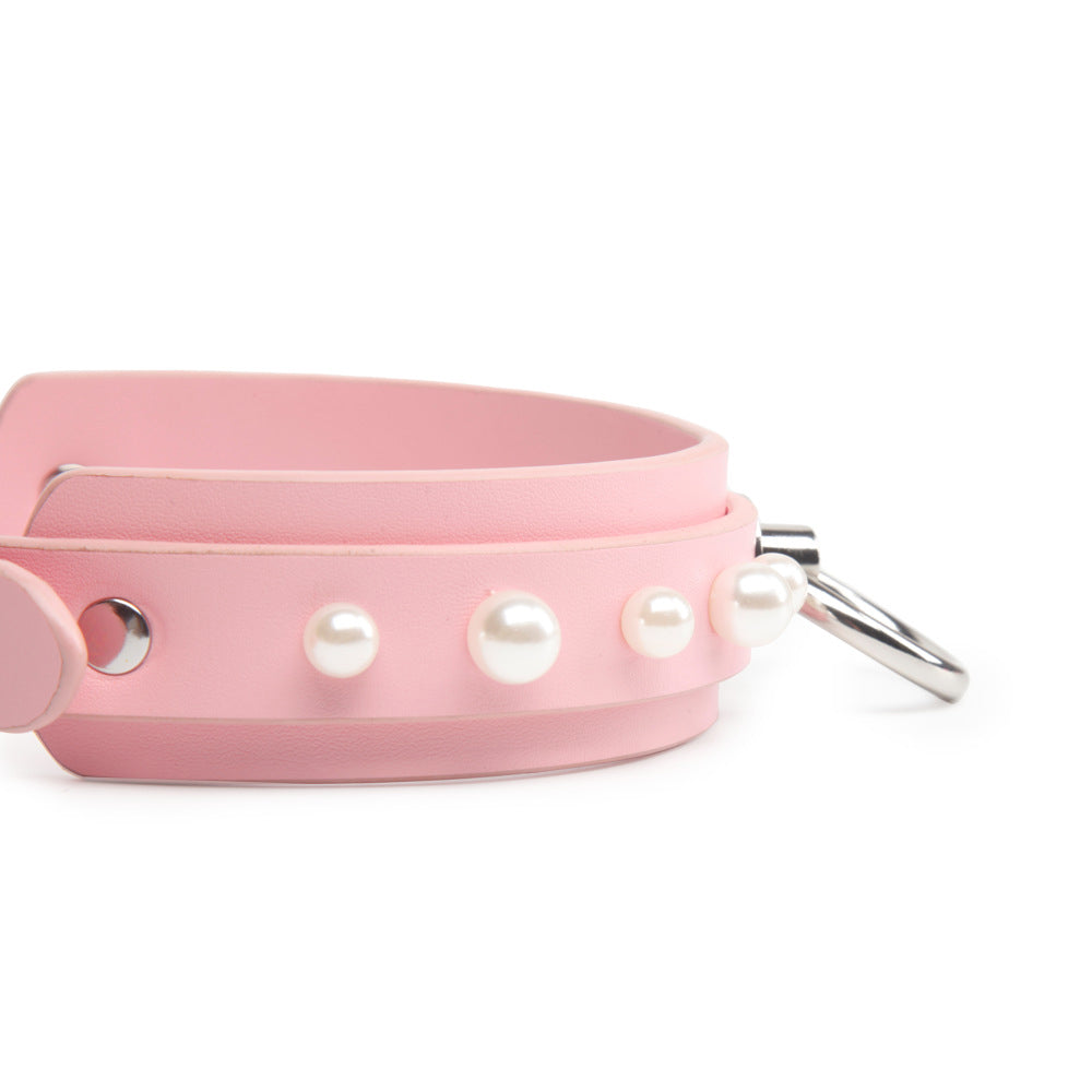 Elegant White Pearl Leather Bondage Collar with Leash Pink/Black